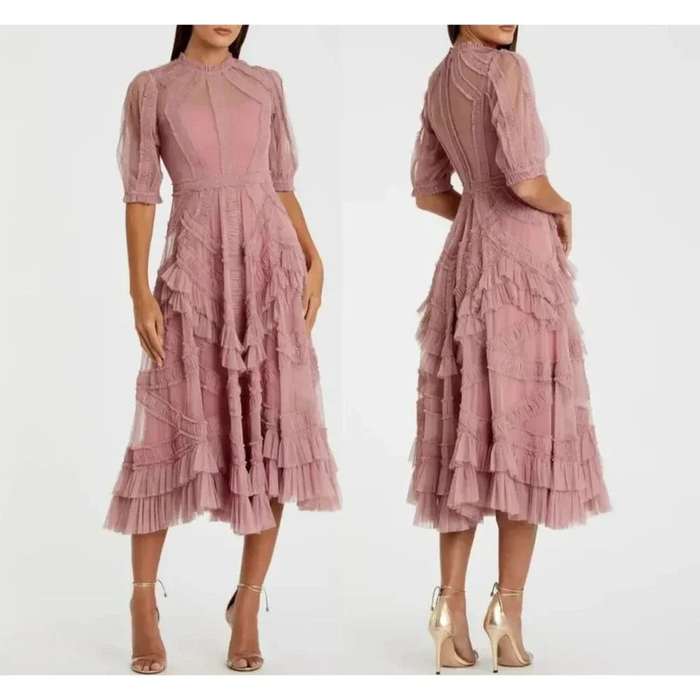 ANTHROPOLOGIE MAC DUGGAL 8058 High Neck Micro Ruffle Tiered Midi Dress Rose 18 - Picture 2 of 7